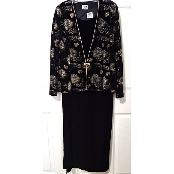 R & M Richards Women's 14 Black Velvet Dress w/Embroidered Silver/Gold Jacket - Picture 1 of 13